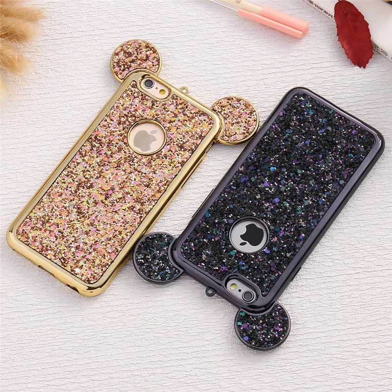 1135835212 3D Luxury Cartoon Mouse Pattern Ears Soft TPU Case For Samsung Galaxy S6 S7 Edge S8 S9 Plus Bling Glitter Cover Phone Bags Coque