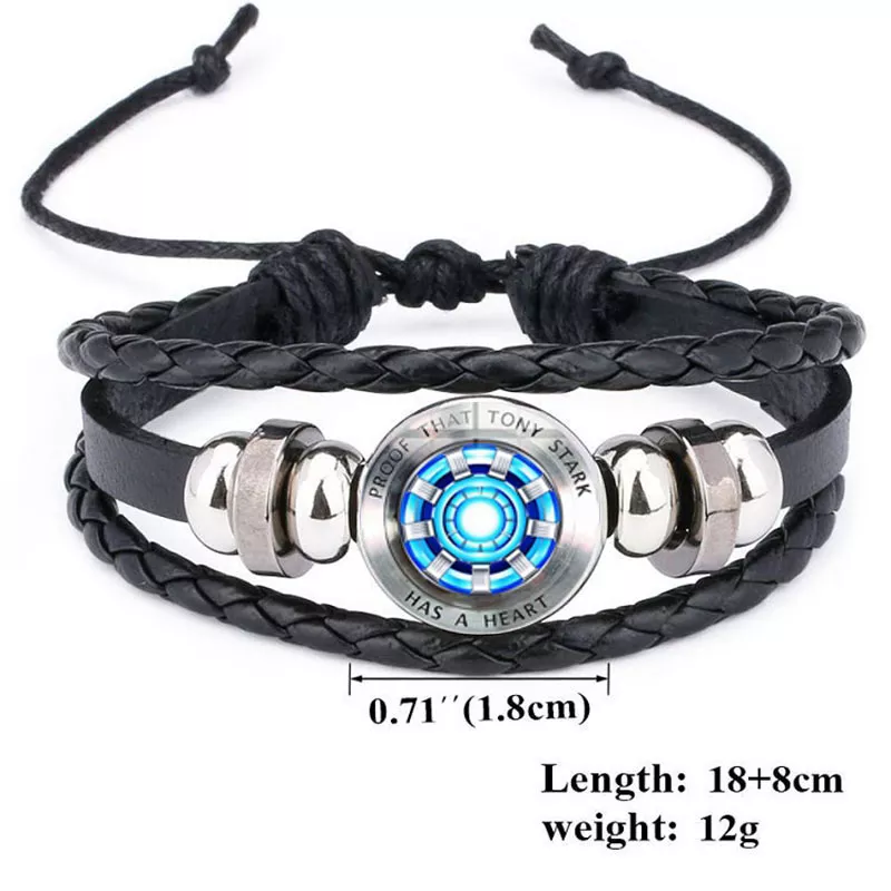 1156106586 Bracelete Iron Man Tony Stark Heart Leather Bracelet The Avengers Iron Man Arc Reactor Glass Cabochon Charm Bracelet Bangles Jewelry