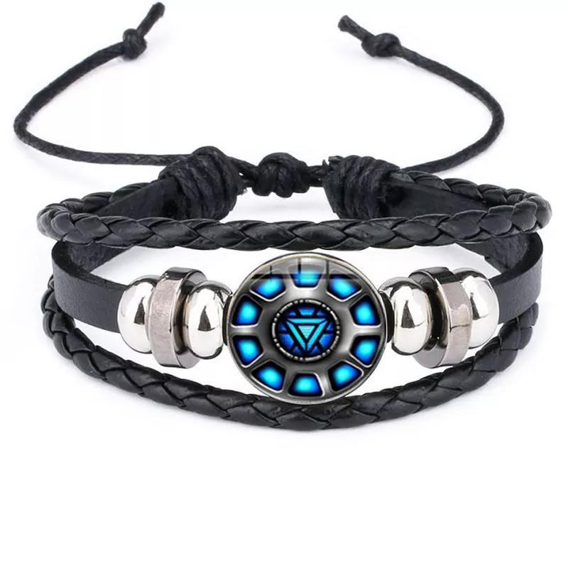 1876069664 Bracelete Iron Man Tony Stark Heart Leather Bracelet The Avengers Iron Man Arc Reactor Glass Cabochon Charm Bracelet Bangles Jewelry