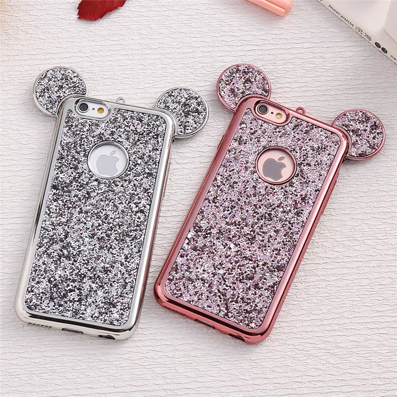 2003135160 3D Luxury Cartoon Mouse Pattern Ears Soft TPU Case For Samsung Galaxy S6 S7 Edge S8 S9 Plus Bling Glitter Cover Phone Bags Coque