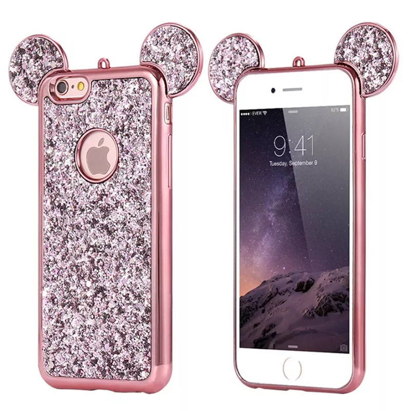 2110283730 3D Luxury Cartoon Mouse Pattern Ears Soft TPU Case For Samsung Galaxy S6 S7 Edge S8 S9 Plus Bling Glitter Cover Phone Bags Coque