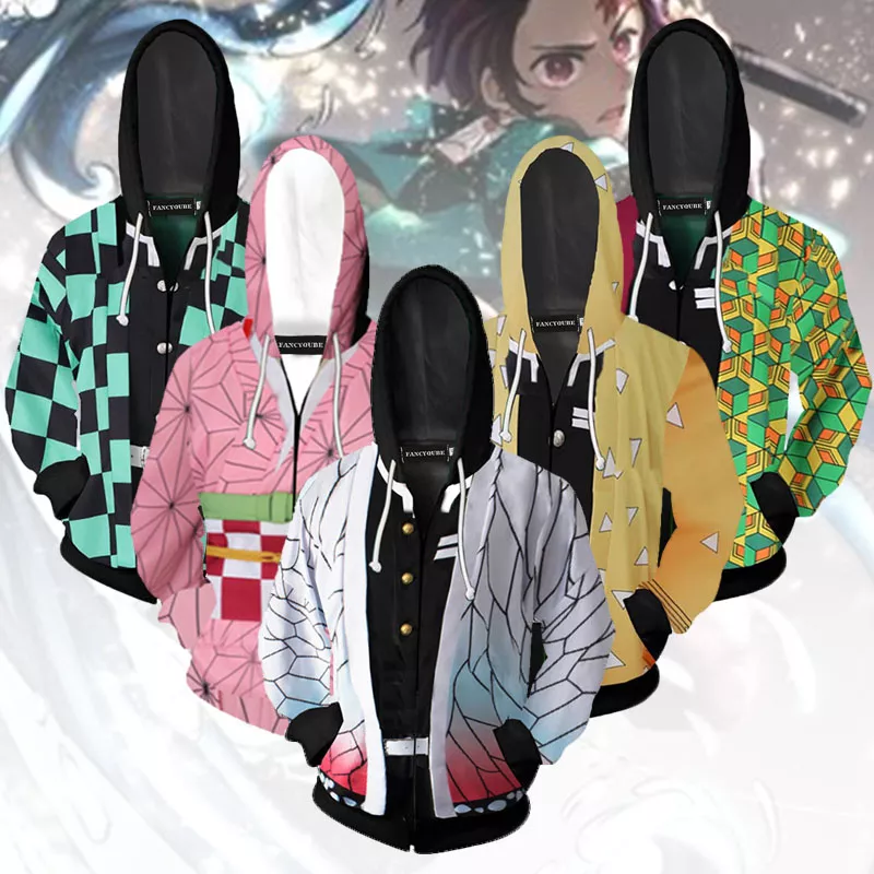 360314259 Jaqueta Demon slayer kimetsu no yaiba tanjirou nezuko zenitsu tomioka giyuu cosplay capuz traje anime casaco para festa de halloween