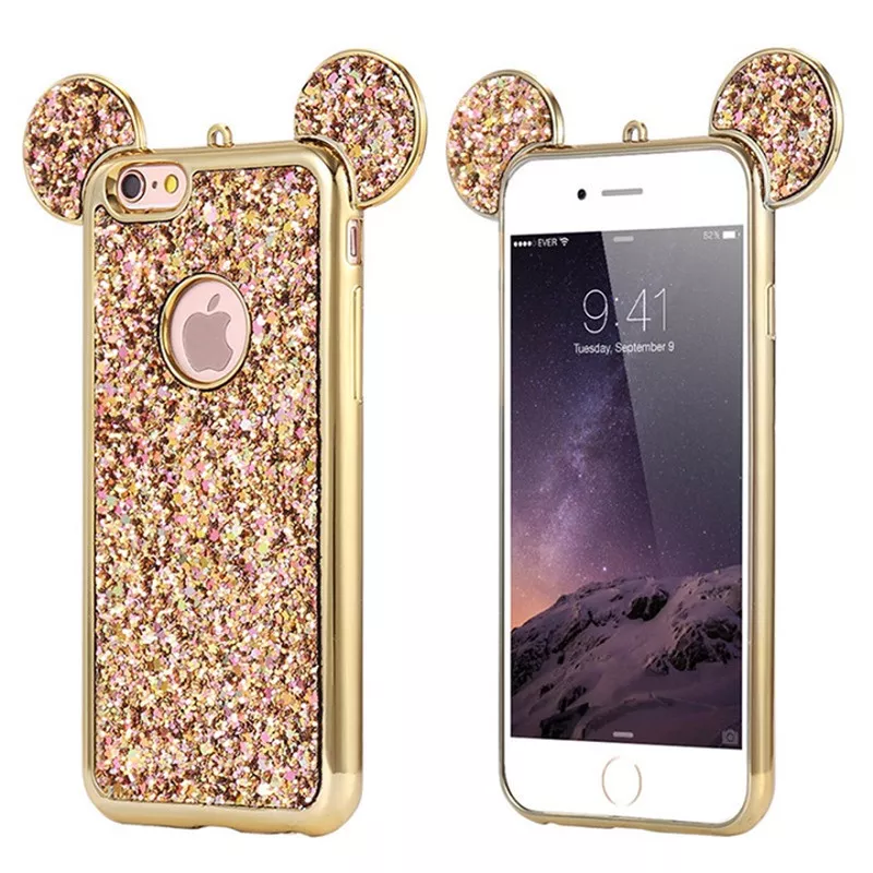 412324480 3D Luxury Cartoon Mouse Pattern Ears Soft TPU Case For Samsung Galaxy S6 S7 Edge S8 S9 Plus Bling Glitter Cover Phone Bags Coque