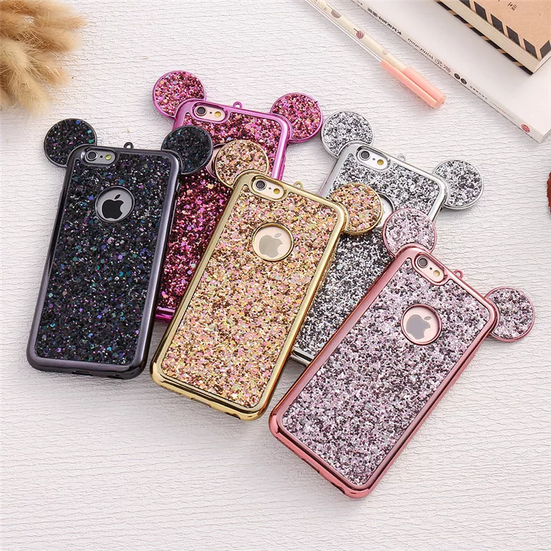 485826912 3D Luxury Cartoon Mouse Pattern Ears Soft TPU Case For Samsung Galaxy S6 S7 Edge S8 S9 Plus Bling Glitter Cover Phone Bags Coque