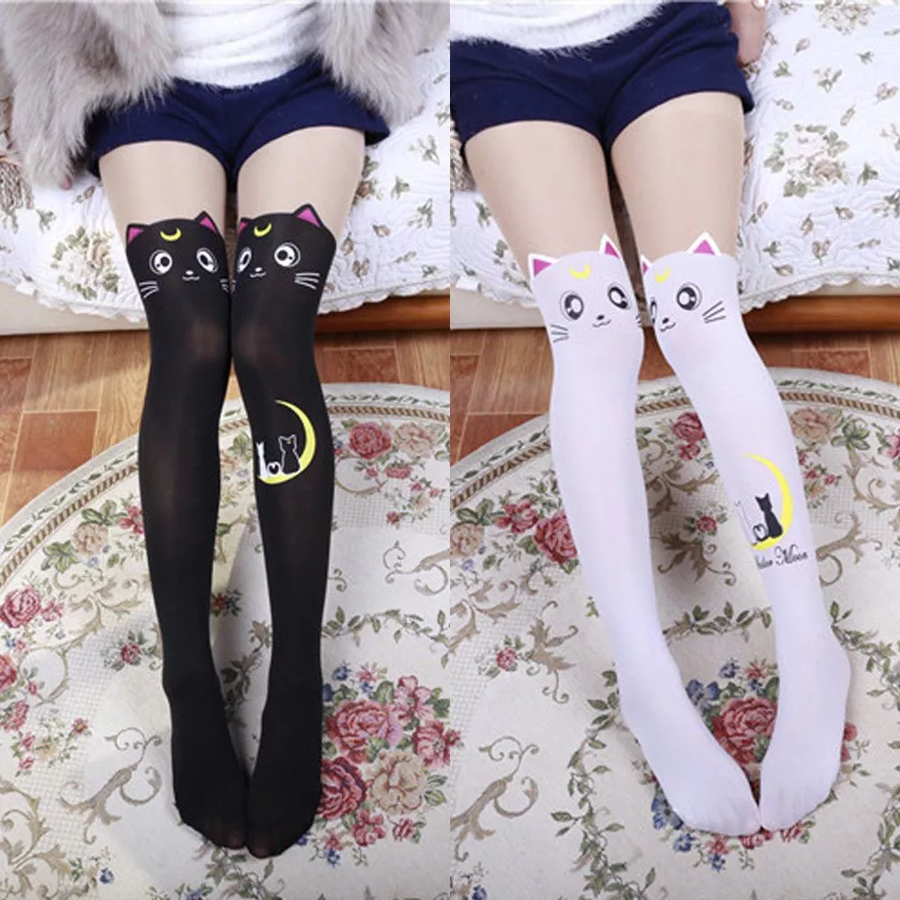 1 par de moda sexy meias de gato quente coxa alta meias sobre o joelho meias longas para meninas senhoras 2 cores sólidas