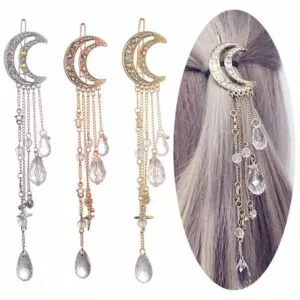 1 pc mulheres lua clipe strass cristal pingente pino borla longa corrente contas Gothic lolita halloween crânio bat blavk asas hairpin cosplay menina acessórios de cabelo clipe de cabelo