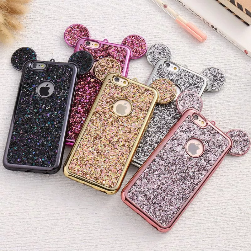 3d luxury cartoon mouse pattern ears soft tpu case for samsung galaxy s6 s7 edge s8 s9 Óculos XO crianças Glitter Rodada óculos de sol Óculos de design da marca Da Menina do menino Crianças Bebê Bonito óculos de Sol Lente UV400 Tons Rosa 743