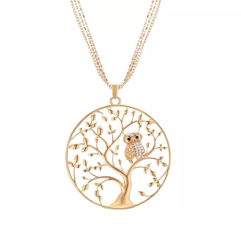 Árvore de ouro da vida coruja colar grande pingente redondo cadeias longas suéter colar para mulheres presentes de jóias de afirmação clássico collier