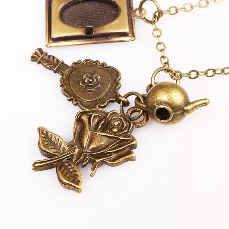 Beleza-e-a-besta-livro-de-fadas-espelho-rosa-flor-bule-encantos-colar-corrente-vintage-gargantilha-d-33037840758-2