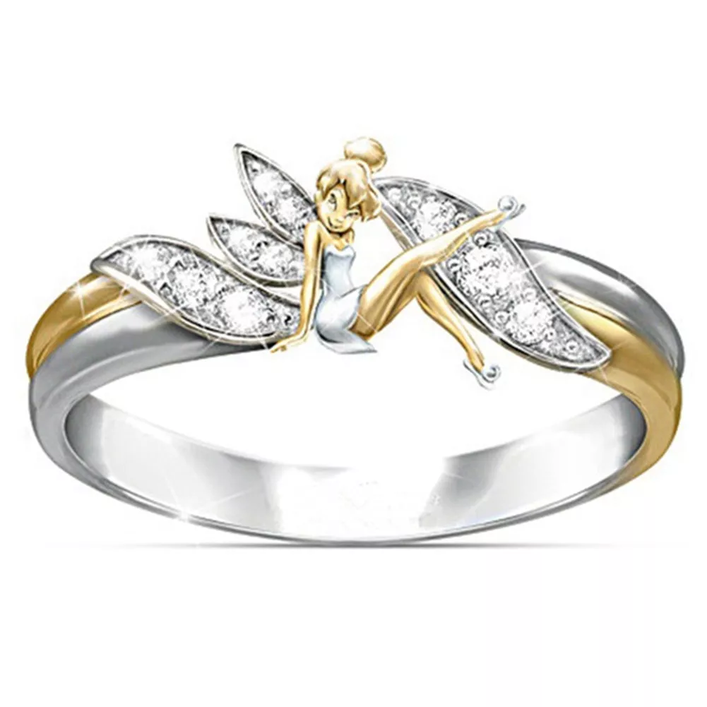 Anel criativo requintado feminino moda mão jóias anéis de casamento prata bonito anjo flor fada cor separação anel