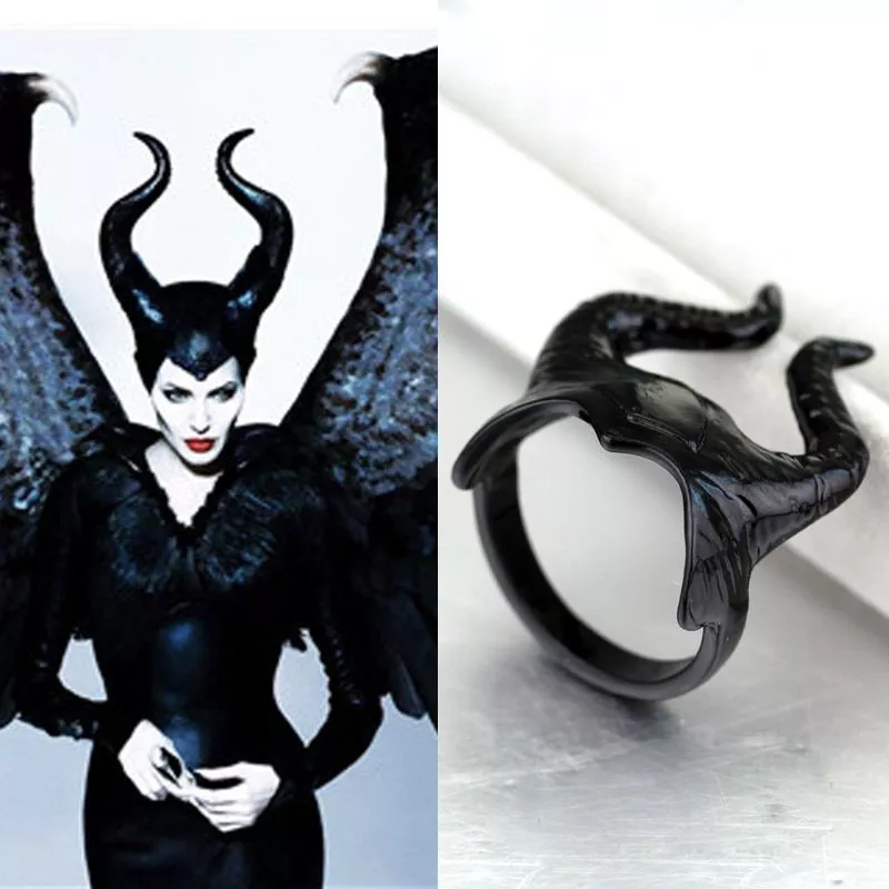 Anel Malévola Maleficente angelina jolie festa capacete preto anéis de dedo exagerados vintage feminino cocktail anel atacado