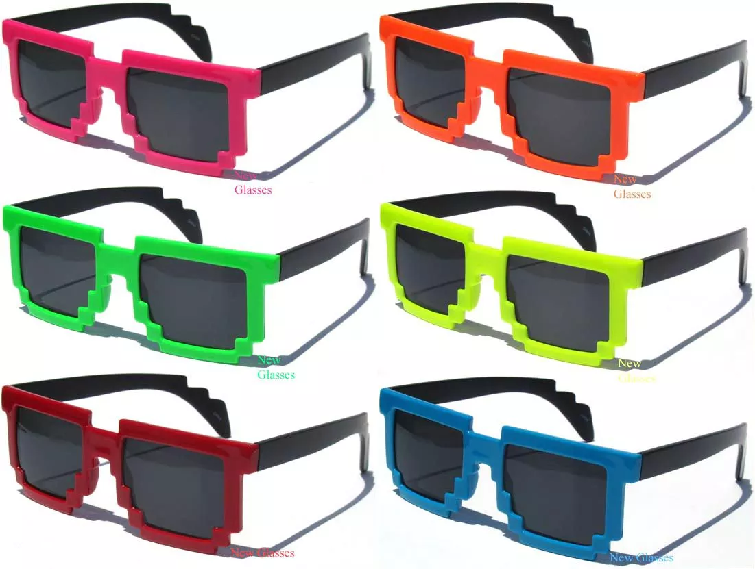 armacao Oculos de sol 8bit minecraft geek varias cores Óculos de sol feminino redondo, novidade, estilo hip hop, lentes coloridas, retrô, armação de metal, retrô e oval, 1 peça imperdível, quente