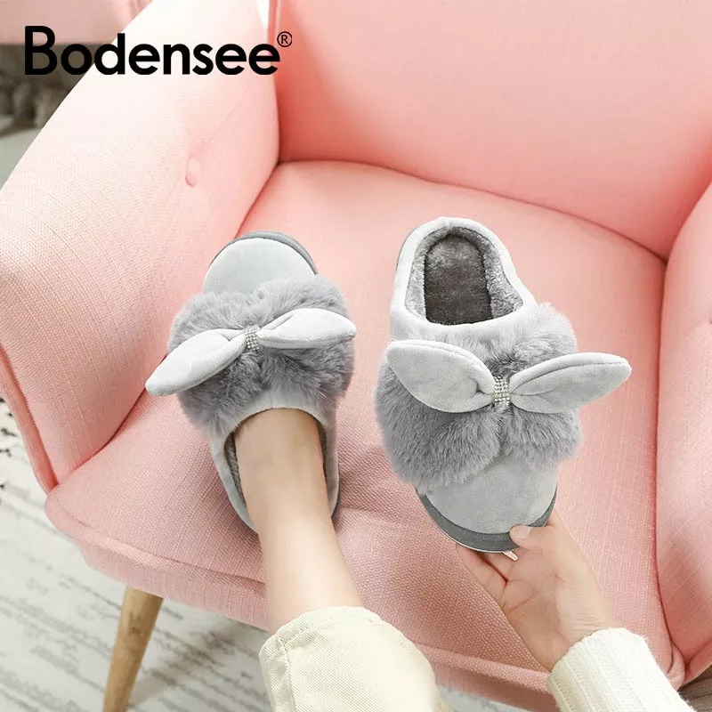Bodensee inverno casa chinelos feminino quente algodão arco de pedra tecido chinelo interior mudo não-deslizamento orelhas de coelho plana sapatos femininos