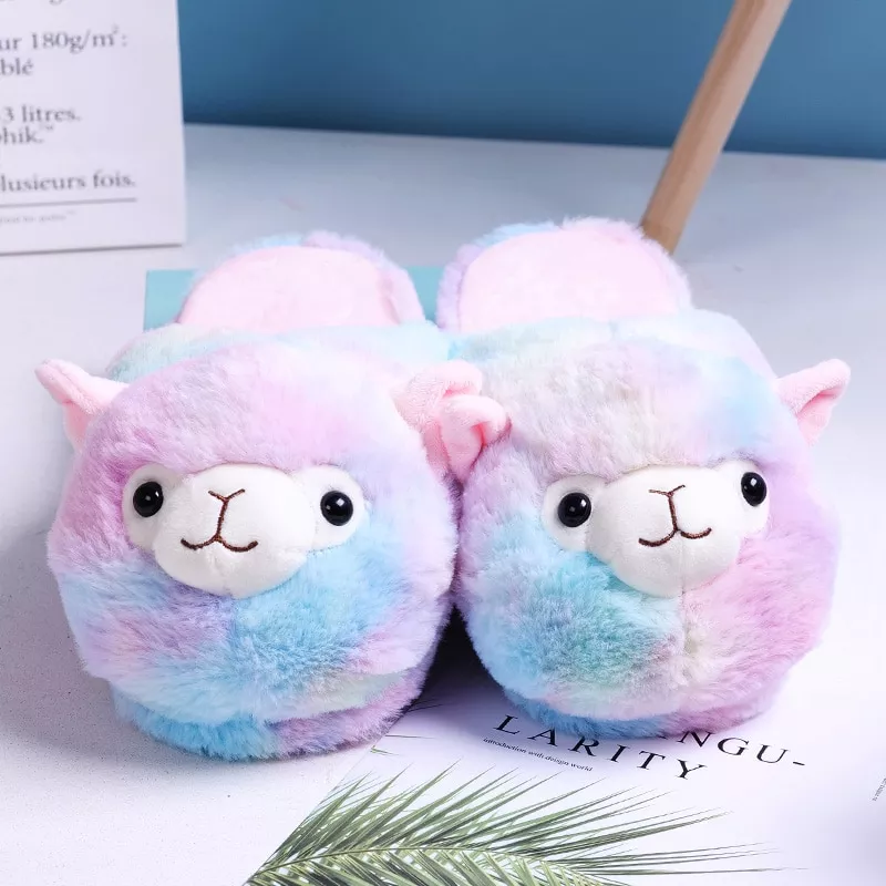Bonito dos desenhos animados alpaca casa mulher chinelos de pele inverno quente de pelúcia pai-criança piso slides casa plana quarto feminino peludo slippes