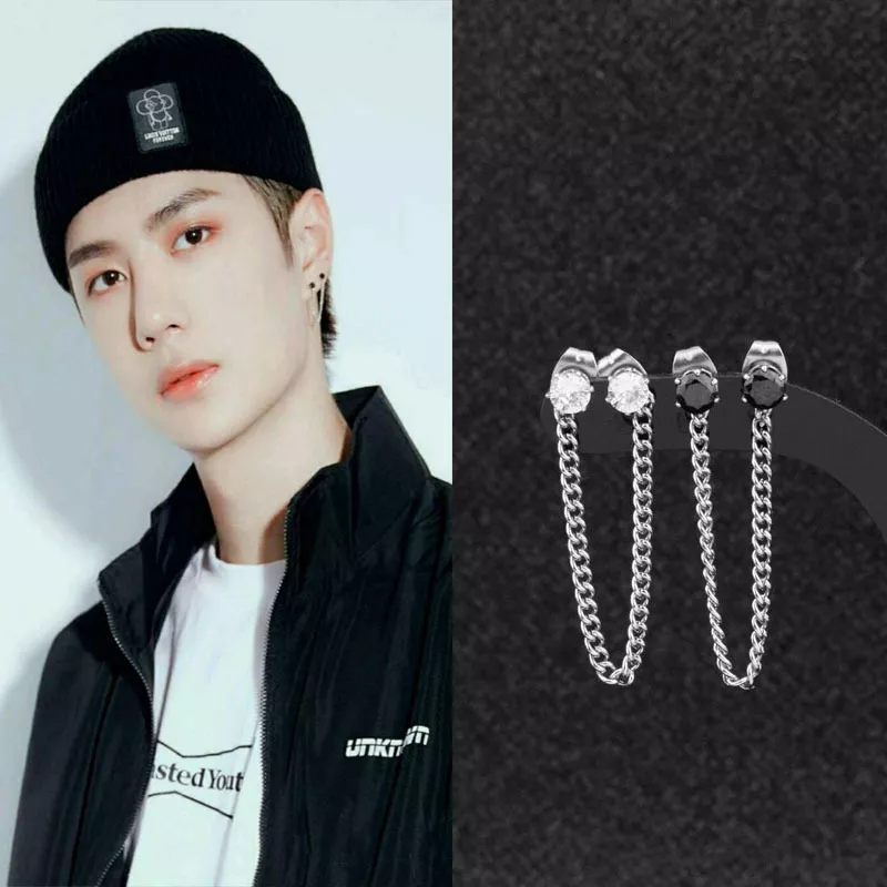 Brinco Kpop DNA Brincos Meninos Corrente de Aço Inoxidável Preto Branco Strass de Cristal Do Parafuso Prisioneiro Brinco Mulheres Homens Grunge Hip Hop Clipe Auricular em