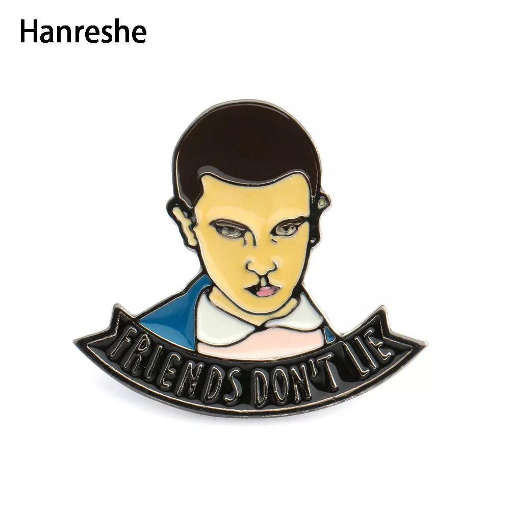 Broche Stranger Things Onze rosto Esmalte pino nariz sangrando, amigos não diga Mentira Mão Carimbada Carta Pinos Broche para Calças de Brim/Mochila