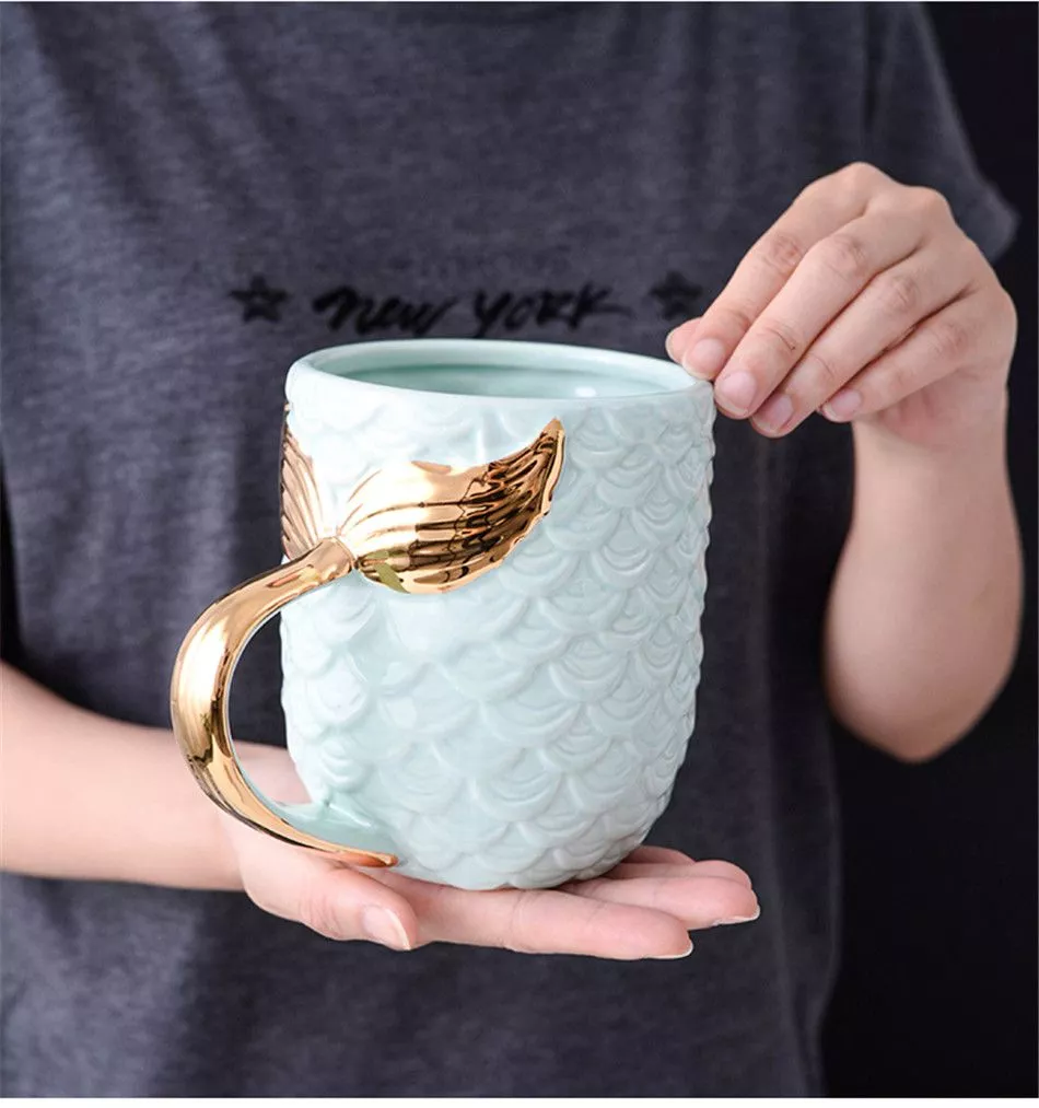 Caneca Copo Cerâmica Sereia Ouro Azul