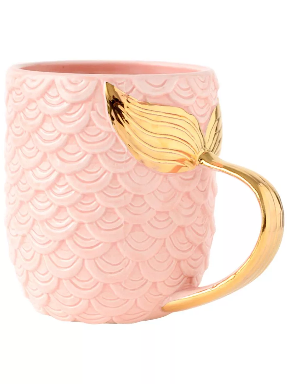 Caneca Copo Cerâmica Sereia Ouro Rosa