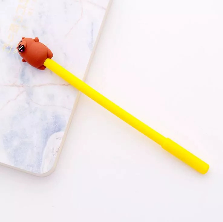 Caneta Amarela Gel Ponta Agulha Urso Tinta Preta