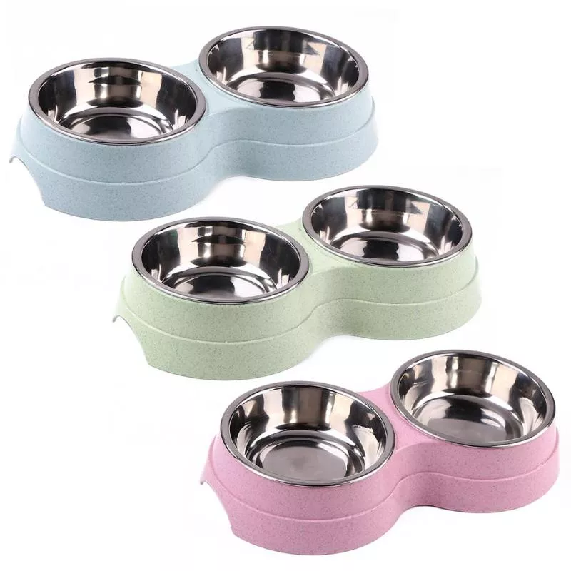 Cão tigela dupla filhote de cachorro comida alimentador de água bonito aço inoxidável animais de estimação beber alimentador prato suprimentos alimentação pratos cães tigela