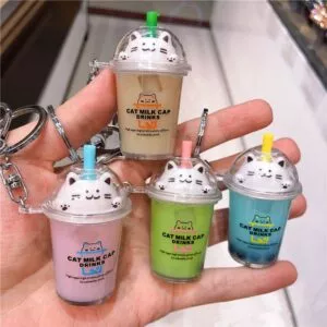 chaveiro bebida cafe milkshake cha dos desenhos animados gato carro chaveiro mini Nova garrafa de perfume chaveiro dos desenhos animados da menina chaveiro líquido areia movediça sequin chaveiro saco pingente para mulheres menina festa jóias presente