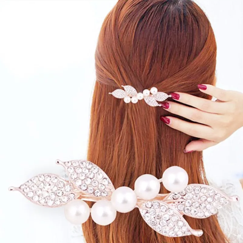 Chique forma de folha de metal clipe de cabelo barrettes strass cristal pérola hairpin barrette garras de cabelo feminino ferramenta de estilo de cabelo
