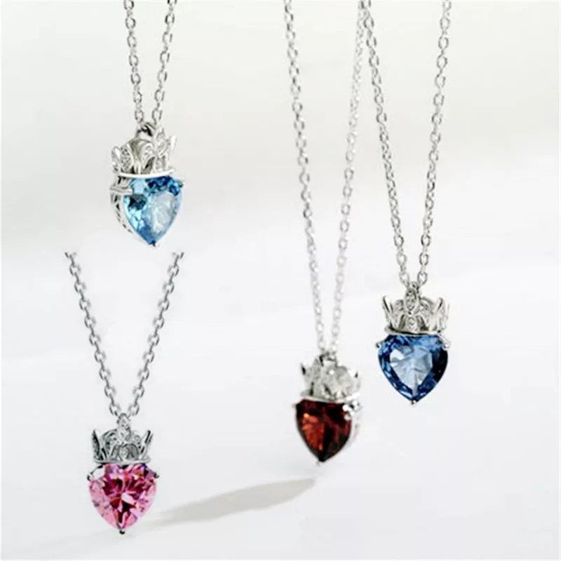 colar 926 sterling sliver coroa coracao necklcace azul vermelho rosa pedra Casamento feminino menina strass cabeça coroa princesa jóias ornamento de cabelo estilo de fadas dropshipping