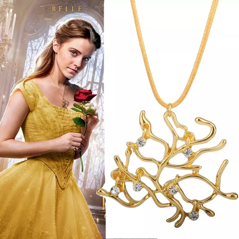 Colar Bela e a Fera Mais novo beleza ea besta colar retro rosa ouro rosa árvore colar charme pingente de cristal presente-30