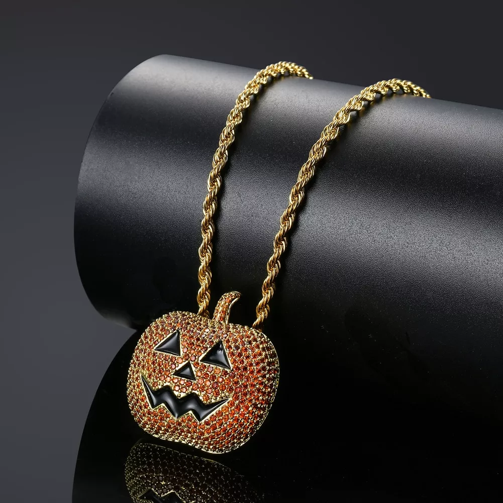 Colar brilhante dia das bruxas abóbora pingente de cobre metal corrente colar hip hop pingente colar de jóias para presente de halloween