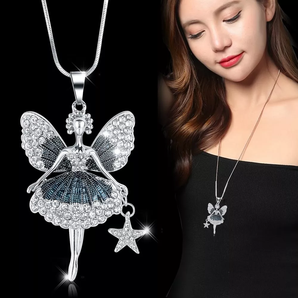 Colar Cristal anjo colares & pingentes para as mulheres na moda estrela de prata colar longo collier femme moda feminina camisola corrente jóias