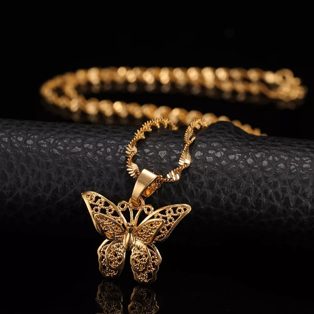 Colar de corrente de onda de água babador 24 k ouro amarelo cheio de jóias chunky colar de colar de gargantilhas de borboleta de st. kunkka