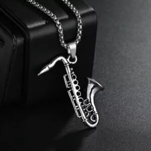 colar de saxofone masculino classico corrente de aco inoxidavel com pingente para Colar de saxofone masculino clássico, corrente de aço inoxidável com pingente, para homens, presente de joias, bélgica, instrumentos musicais