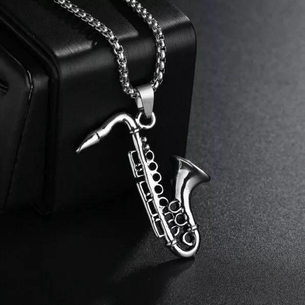 colar de saxofone masculino classico corrente de aco inoxidavel com pingente para Colar de saxofone masculino clássico, corrente de aço inoxidável com pingente, para homens, presente de joias, bélgica, instrumentos musicais