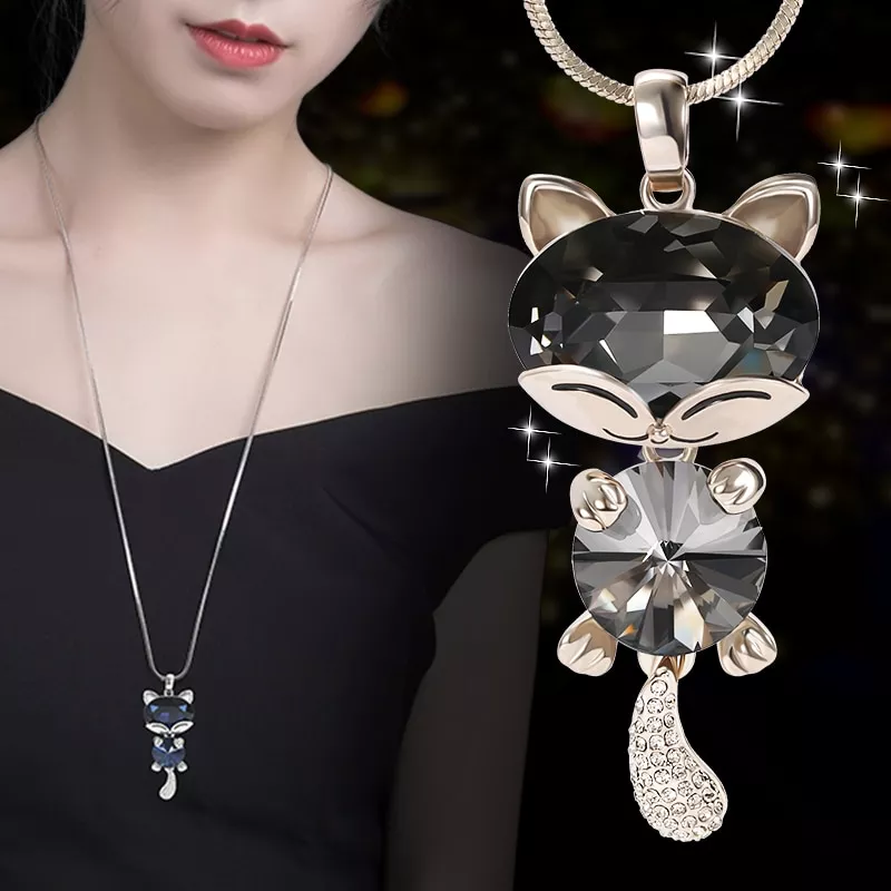Colar feminino pingente colares longo adorável gato pingente de cristal enfeitar o simples colar