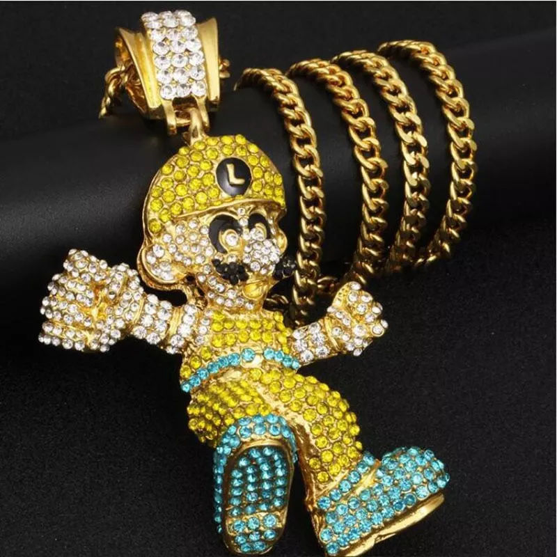 Colar Mario Bros Luigi Brilhante Moda personagem dos desenhos animados mario grande pingente colares mulheres homens hip hop jóias statement strass ouro longo colar de corrente
