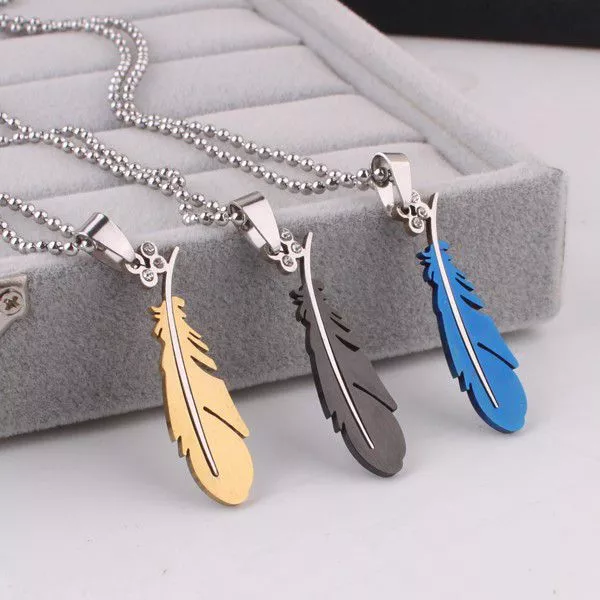 Colar Pena Metal Stainless 316L Prata Preto Azul Dourado Várias Cores