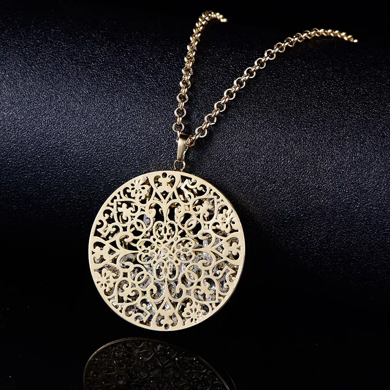 Colares femininos oco flor cristal medalhão ouro prata pingente longo colar moda jóias colar mujer 2019 presente