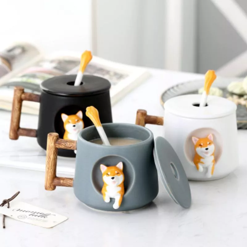 Copo Corgi Cachorro shiba inu caneca de cerâmica criativa homem e mulher casal com tampa colher copo de café água potável