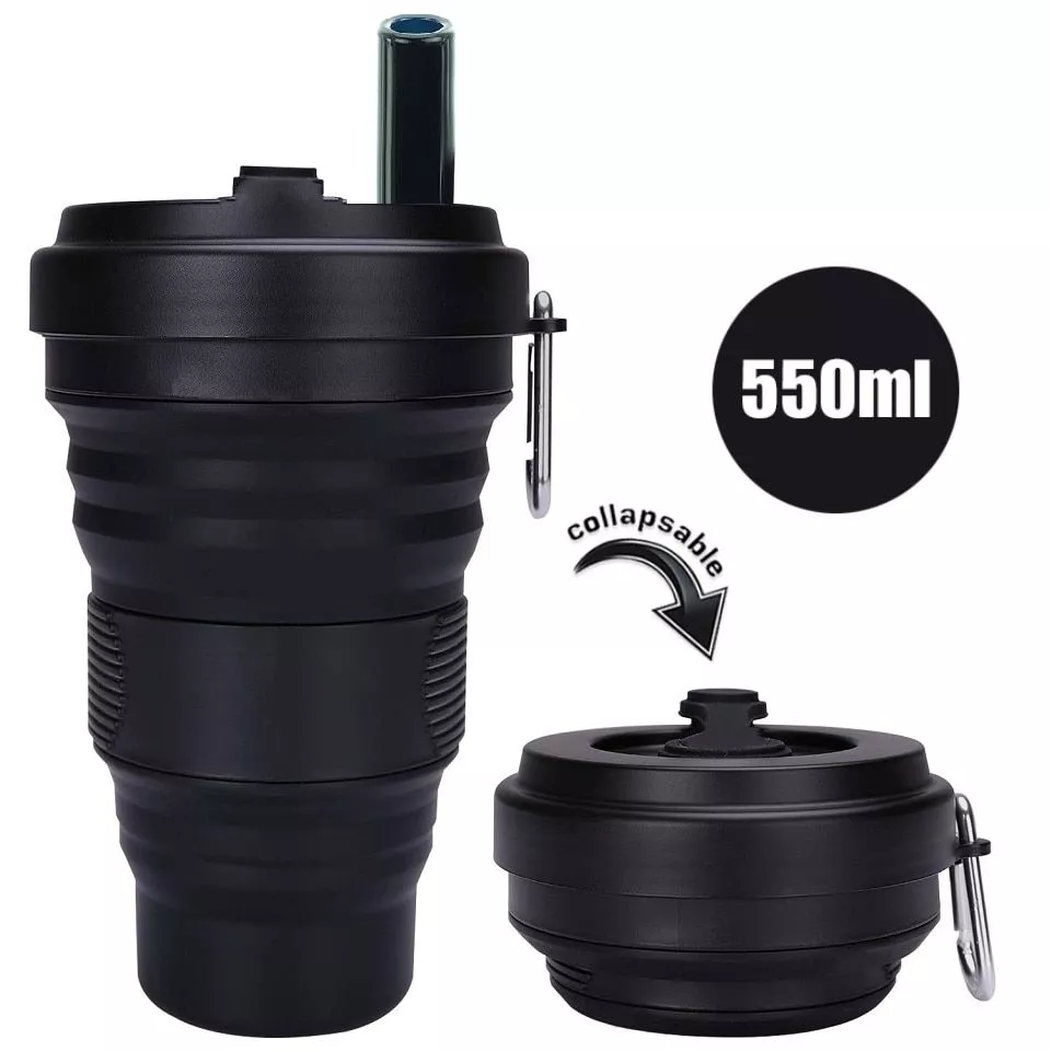 Copo Dobrável silicone copo de café com tampa de palha 550ml dobrável caneca à prova de vazamento bpa livre reusável portátil garrafa de água viagem preto