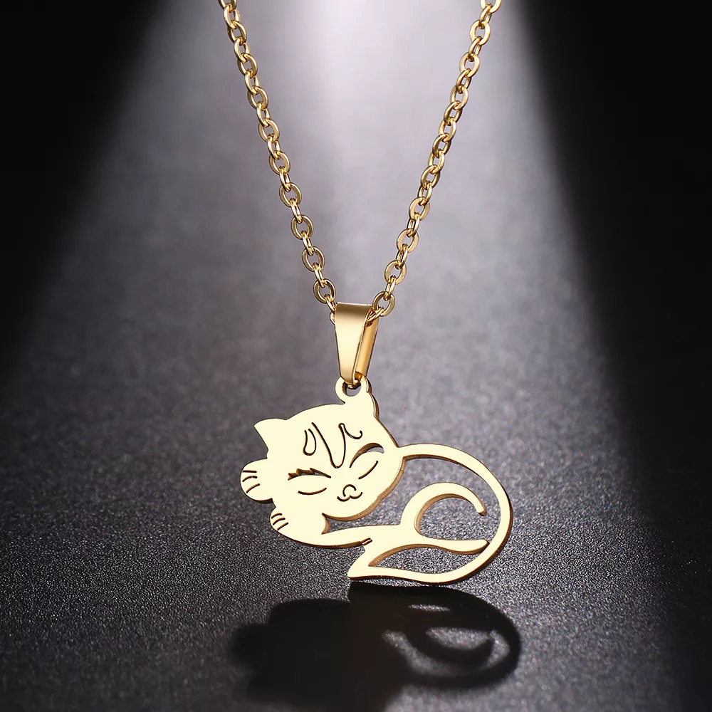 Dotifi colar de aço inoxidável para mulher dormindo gato ouro e prata cor pingente colar noivado jóias