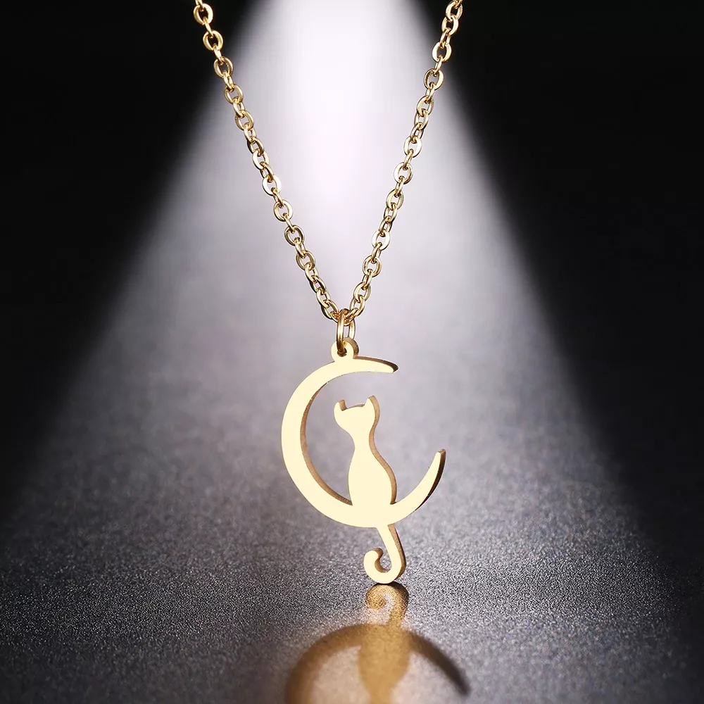 Dotifi colar de aço inoxidável para mulher homem gato lua pingente de ouro e prata cor pingente colar de noivado jóias