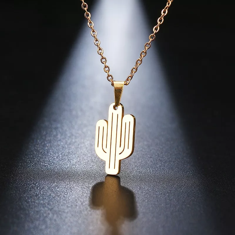 DOTIFI Stainless Steel Necklace For Women Lover's Gold And Silver Color Cactus Pendant Necklace Engagement Jewelry