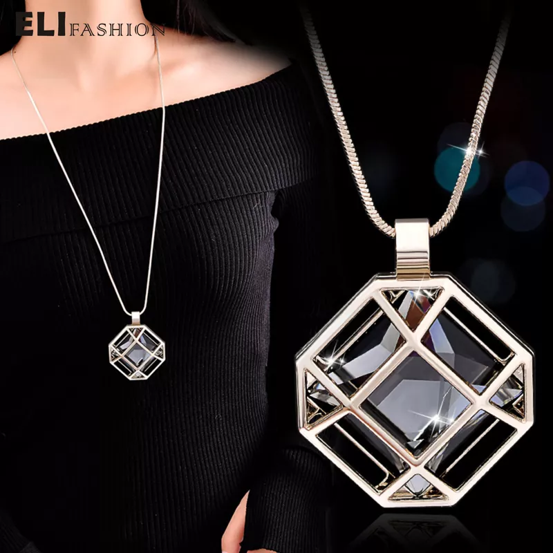 elifashion octagon forma gaiola strass dentro pingente colar longo corrente Moda coração abacate forma longa pingente colar para mulheres boêmio corrente colar jóias