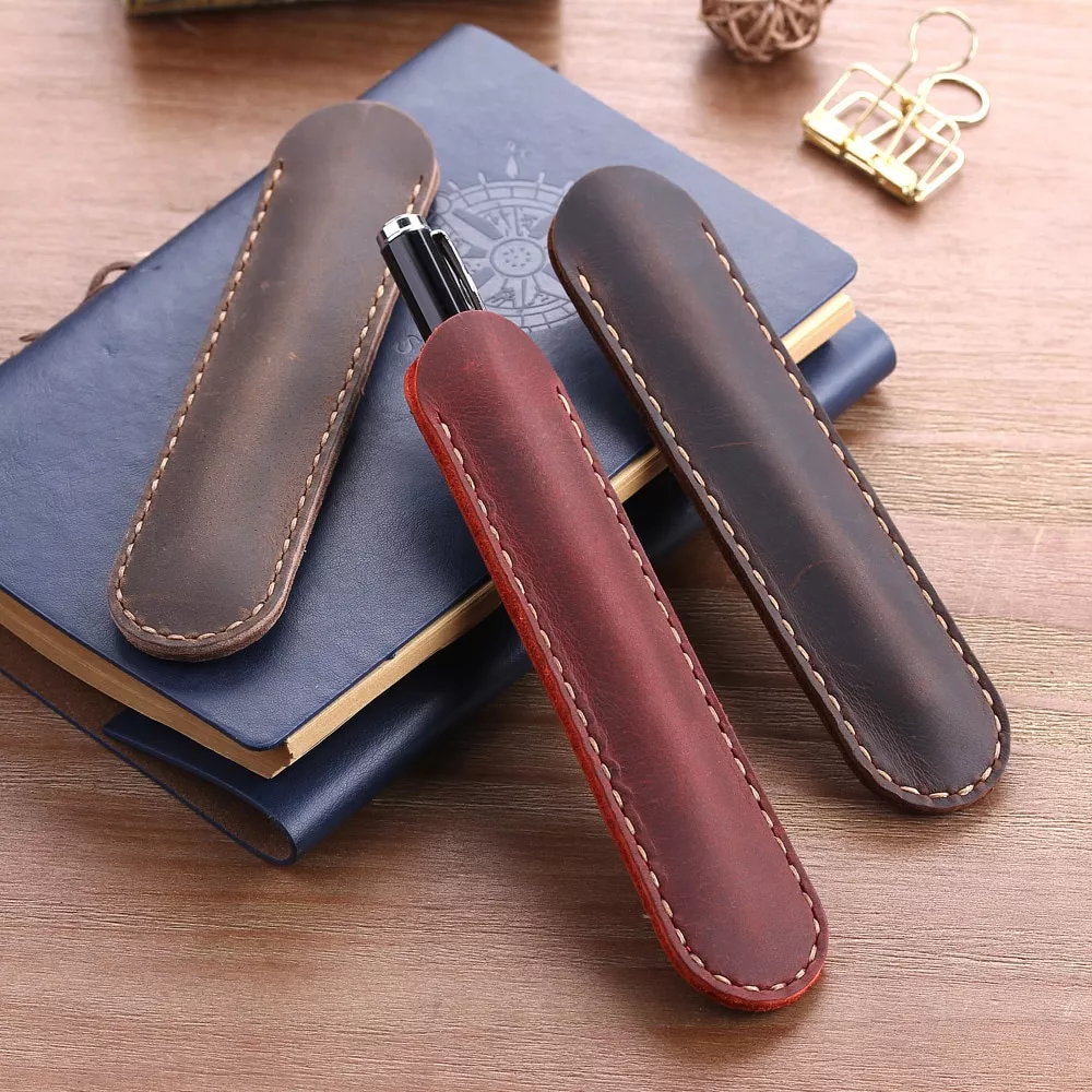 Feito à mão saco de lápis de couro genuíno, titular da caixa da pena da fonte do couro, acessórios do estilo retro do vintage para o diário de viagem
