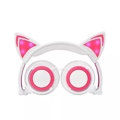 Fone de Ouvido Gato Orelha Com Luz LED Rosa #124