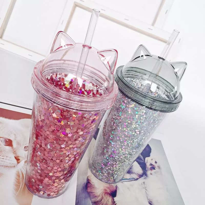 garrafa de agua livre bpa sequined com palha plastico flash orelha de gato Chaveiro Bebida Café Milkshake Chá dos desenhos animados gato carro chaveiro mini copo de chá leite cristal líquido areia movediça sequin chaveiro saco pingente para as mulheres