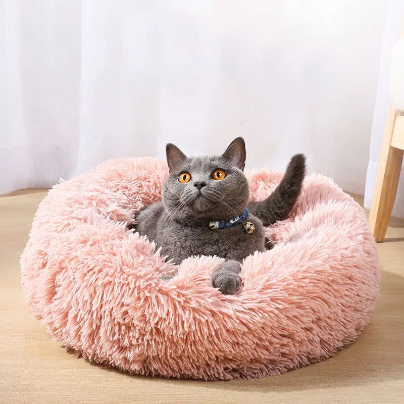 Gato cama casa redonda longo pelúcia super macio cão de estimação cama inverno quente saco de dormir filhote de cachorro para cães ninho produtos gato esteira