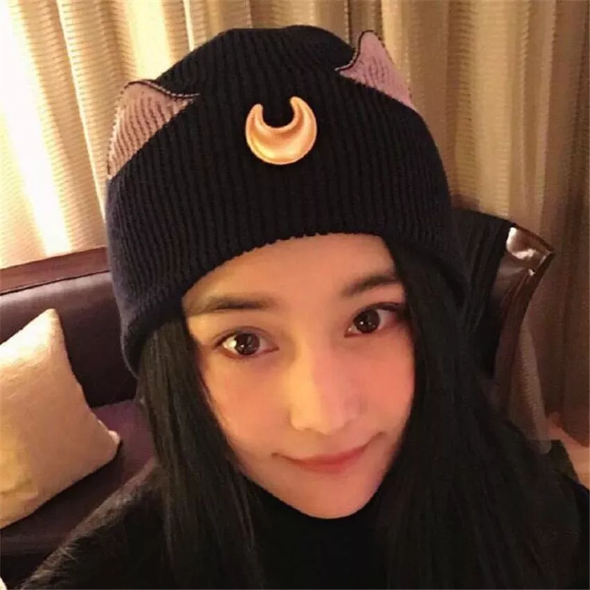 gorro anime sailor moon cosplay costume props hat luna cat ear knitted hat women Touca Gorro Sapo Dos Desenhos Animados cor sólida malha chapéu do inverno chapéu morno Skullies cap beanie chapéu para o miúdo menino e menina 75