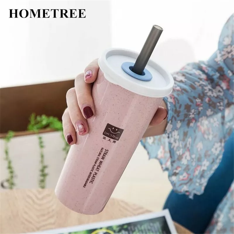 Hometree 450ml copo de água com palha cola copos de café trigo palha garrafa de bebida saudável plástico multi-funcional tampa bouble h177
