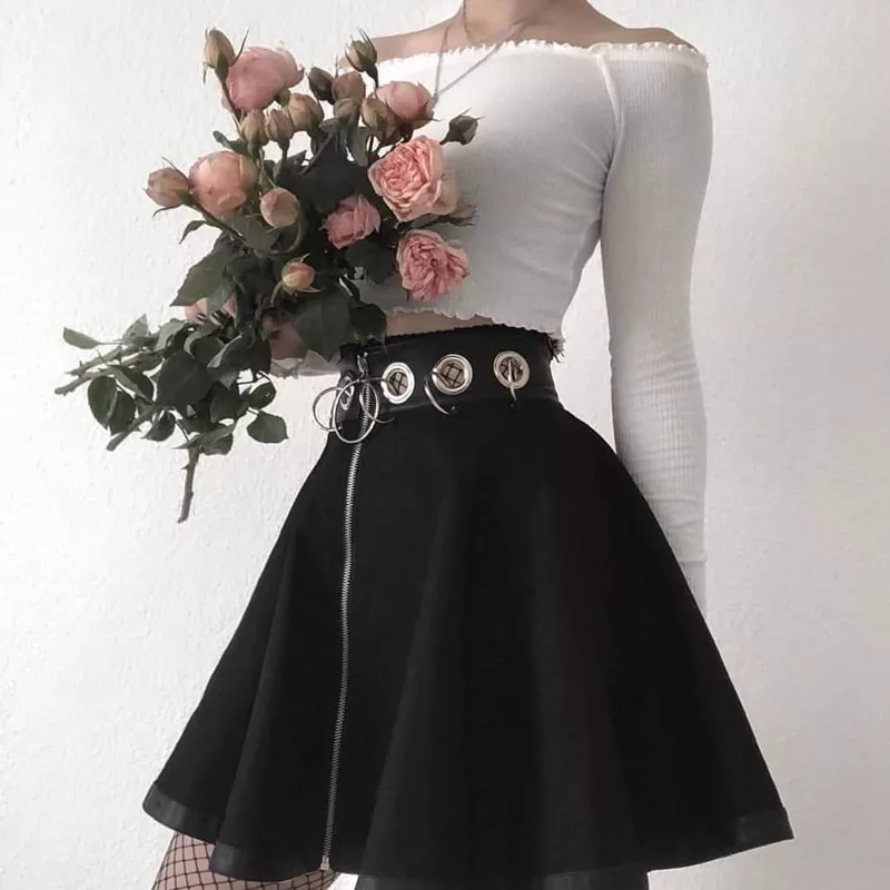 Instahot gótico punk zip up saias pretas feminino outono anel de cintura alta plissado inverno mini saia feminina inferior sexy natal